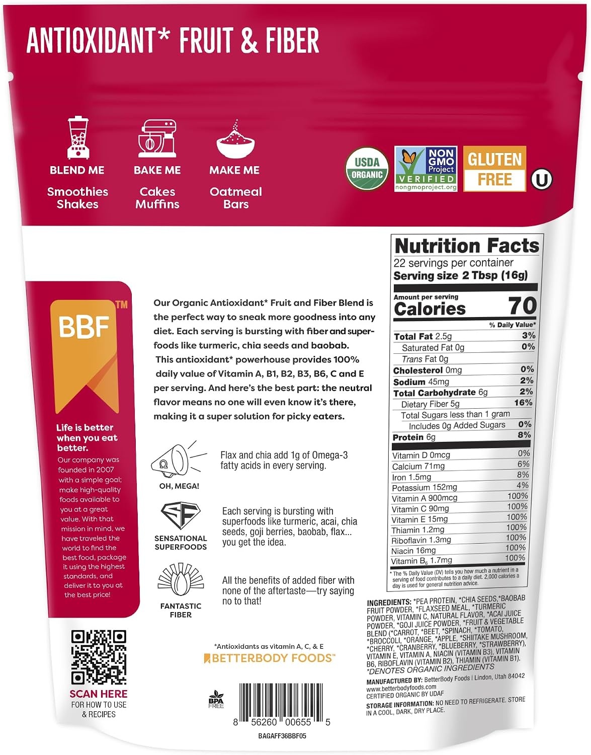 image:imageBetterBody Foods Organic Antioxidant Fruit and Fiber Superfood Blend 127 Ounce Powder127 Ounce Pack of 2