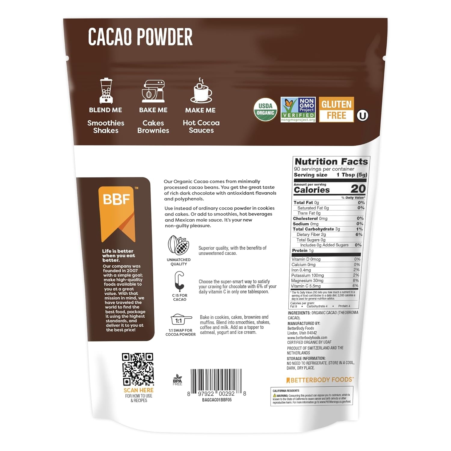 image:imageBetterBody Foods Organic Cacao Powder Rich Chocolate Flavor NonGMO GlutenFree Cocoa 16 ounce 1 lb bag16 Ounce Pack of 1