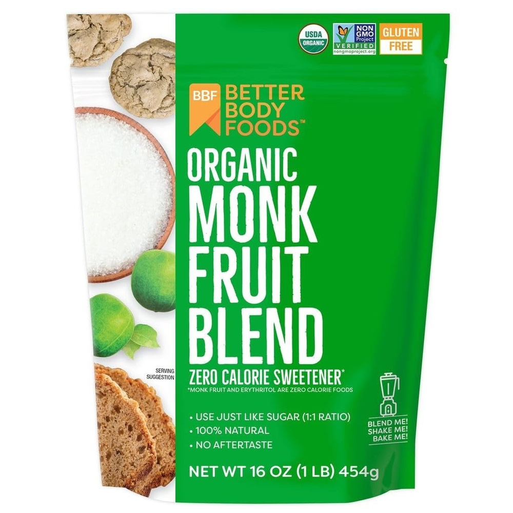 image:imageBetterBody Foods Monk Fruit Sweetener Blend Raw Cane Sugar Substitute Zero Calorie Keto Diet Friendly Zero Net Carbs Zero Glycemic Baking Extract Sugar Replacement 1lb 16 ozOrganic Monk Fruit Sweetener Blend