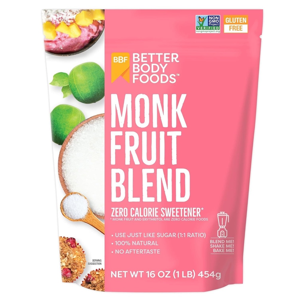 image:imageBetterBody Foods Monk Fruit Sweetener Blend Raw Cane Sugar Substitute Zero Calorie Keto Diet Friendly Zero Net Carbs Zero Glycemic Baking Extract Sugar Replacement 1lb 16 ozMonk Fruit Sweetener Blend