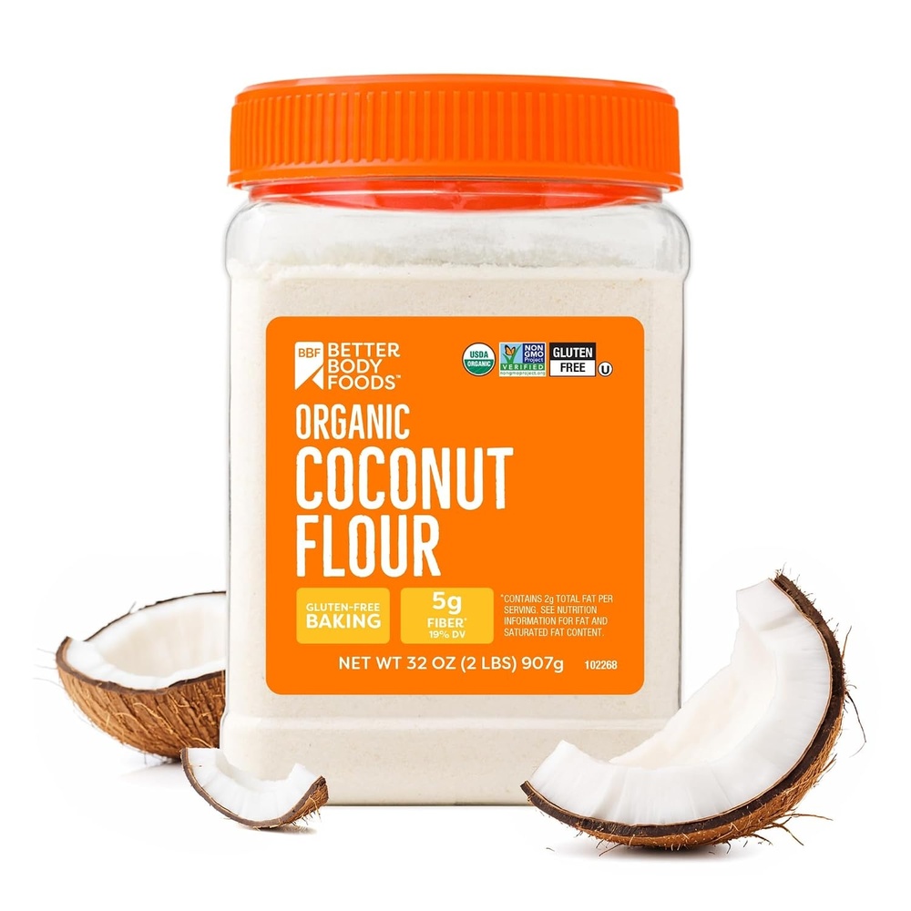 image:imageBetterBody Foods Organic Coconut Flour 2 Pound Jar GlutenFree White Flour Alternative with a Slight Coconut Taste and Aroma 23 Dietary Fiber per Serving